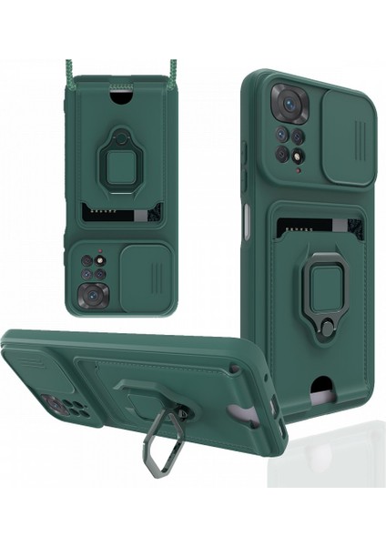 Xiaomi Redmi Note 11S Kılıf Kamera Lens Sürgülü Askılı Kartvizitli Silikon Zırh Tank