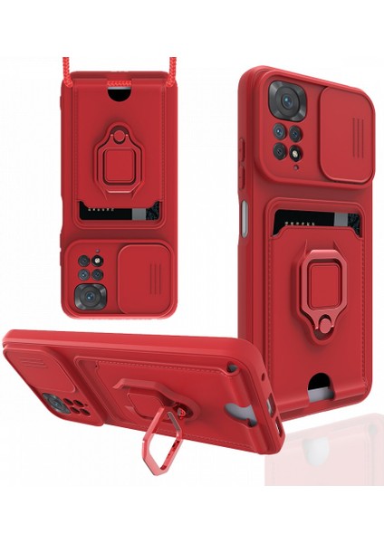 Xiaomi Redmi Note 11 Kılıf Kamera Lens Sürgülü Askılı Kartvizitli Silikon Zırh Tank