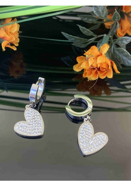Aksesuarr Çarşısı Aksesuar Çarşısı Zirkon Taş Kalp Tasarımlı Silver Çelik Küpe