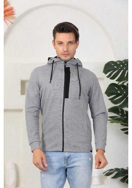 Erkek Gri Fermuarlı Kapüşonlu Sweatshirt