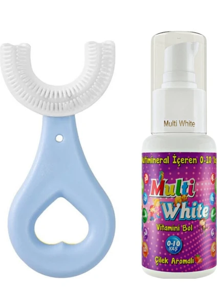 Multi White Multivitaminli Çilek Aromalı Çocuk Diş Macunu 50 ml ve U Şeklinde Diş Fırçası Mavi