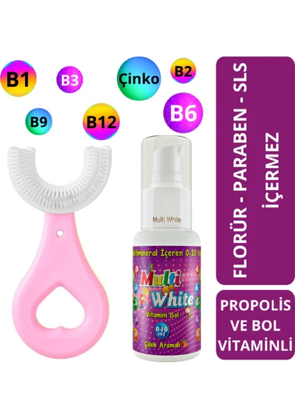 Multi White Multivitaminli Çilek Aromalı Çocuk Diş Macunu 50 ml ve U Şeklinde Diş Fırçası Pembe