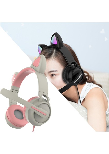 LED Kedi Kulak Kulaklık Kablolu Katlanabilir Kulak Kulaklık Sevimli Kız Çocuk Pembe (Yurt Dışından)