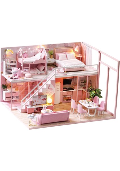 1:24 Ölçekli Ahşap Diorama Dollhouse Minyatür Dıy Kitleri Pembe Yatak Odası Hediyeler (Yurt Dışından)