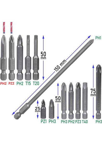 (13 Parça) Matkap Bits Uç Vidalama Ucu Düz Yıldız Torx Uç