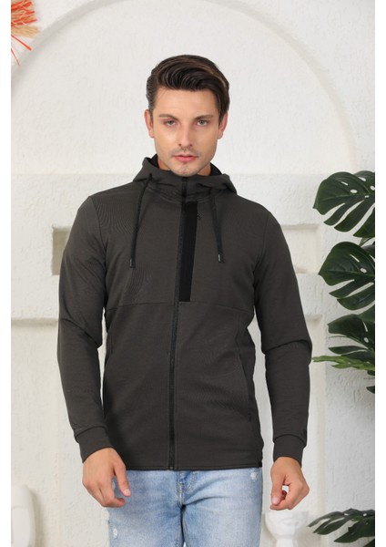 Erkek Haki Fermuarlı Kapüşonlu Sweatshirt