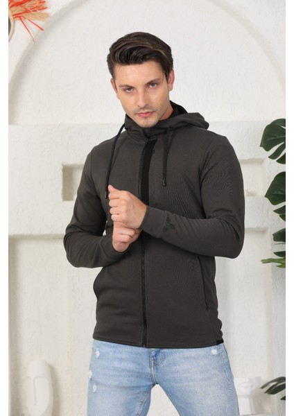 Erkek Haki Fermuarlı Kapüşonlu Sweatshirt