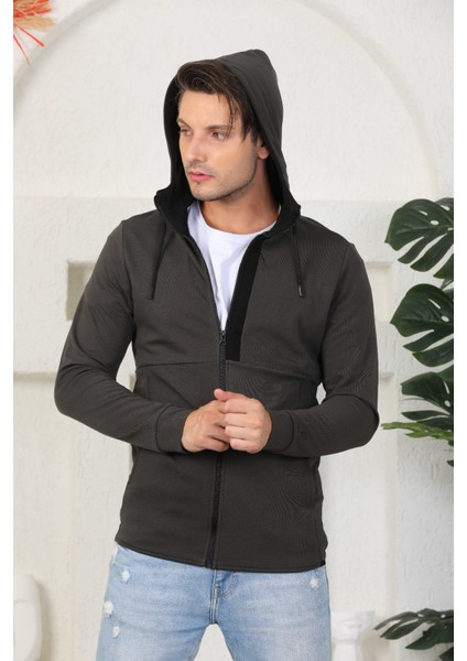 Erkek Haki Fermuarlı Kapüşonlu Sweatshirt