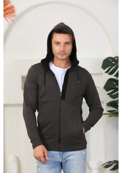 Erkek Haki Fermuarlı Kapüşonlu Sweatshirt