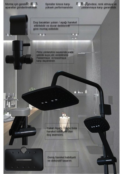 Lavabo Banyo Mutfak Bataryası Ve Diamond Robot Duş Siyah Banyo Seti Armatür Musluk Batarya Duş Minel