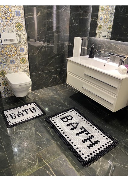 Black Bath Yazılı Desenli 2'li Kaymaz Taban Su Geçirmez Banyo Paspas Takımı (60X100 - 60X50)