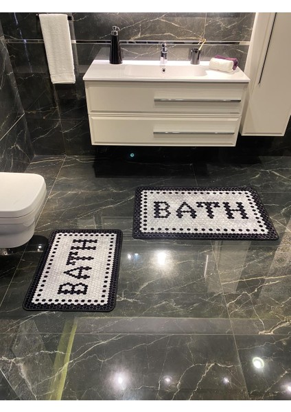 Black Bath Yazılı Desenli 2'li Kaymaz Taban Su Geçirmez Banyo Paspas Takımı (60X100 - 60X50)