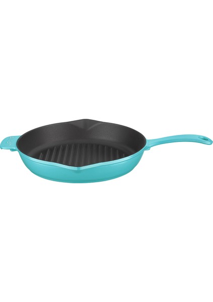 Döküm Izgara Tava, Metal Saplı ÇAP(Ø)28CM, Parlak Siyah Taban, Mat Turkuaz