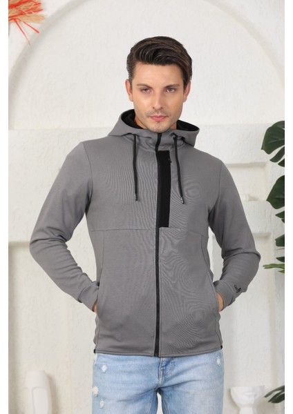 Erkek Antrasit Melanj Fermuarlı Kapüşonlu Sweatshirt