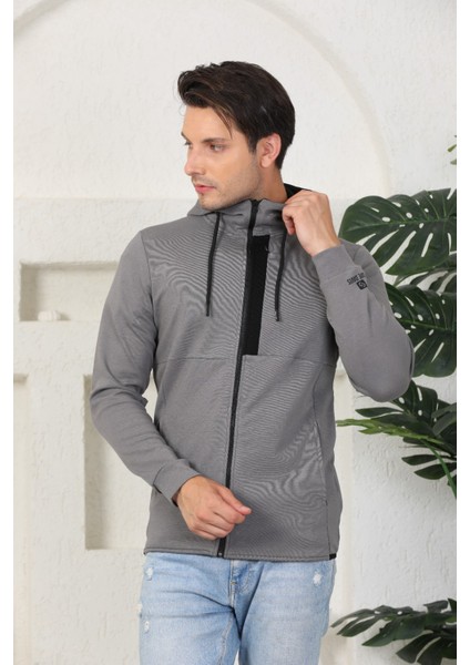 Erkek Antrasit Melanj Fermuarlı Kapüşonlu Sweatshirt