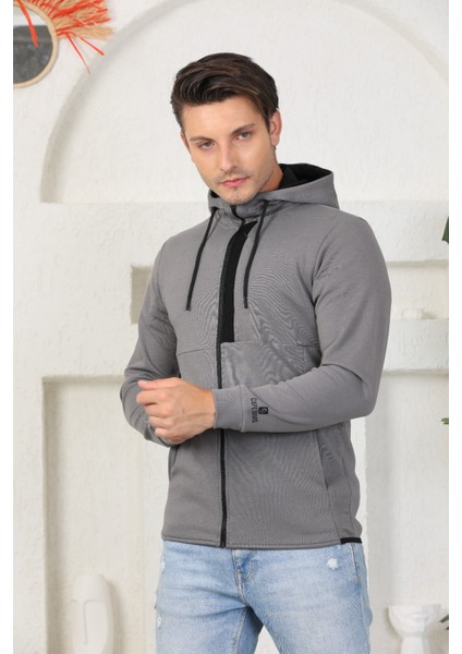 Erkek Antrasit Melanj Fermuarlı Kapüşonlu Sweatshirt