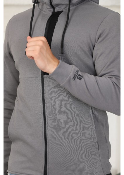 Erkek Antrasit Melanj Fermuarlı Kapüşonlu Sweatshirt