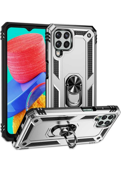 Samsung Galaxy M33 Uyumlu Kılıf Çift Katmanlı Yüzüklü Manyetik Vega Kapak Gümüş