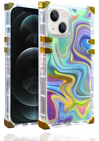 Apple iPhone 13 Kılıf Ebruli Dalga Desenli Altın Airbag Köşe Koruma Ples Kapak Mavi