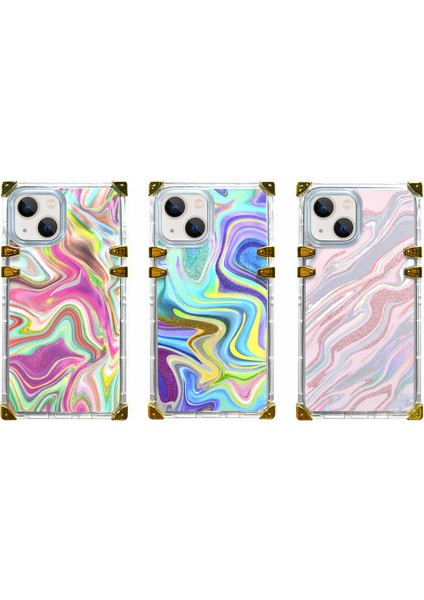 Apple iPhone 13 Kılıf Ebruli Dalga Desenli Altın Airbag Köşe Koruma Ples Kapak Mavi fiyatları