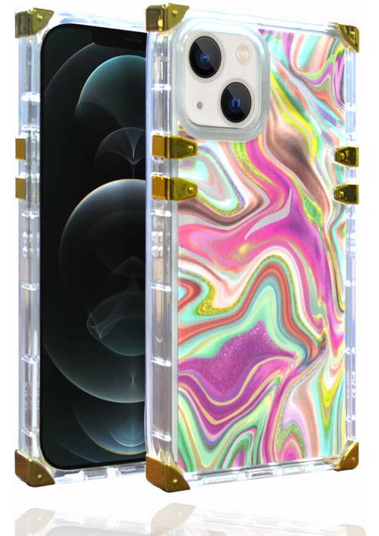 Apple iPhone 13 Kılıf Ebruli Dalga Desenli Altın Airbag Köşe Koruma Ples Kapak Koyu Pembe