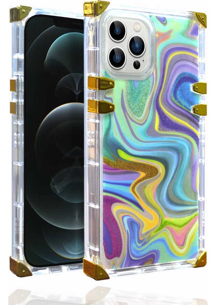 Apple iPhone 12 Pro Max Kılıf Ebruli Dalga Desenli Altın Airbag Köşe Koruma Ples Kapak Mavi