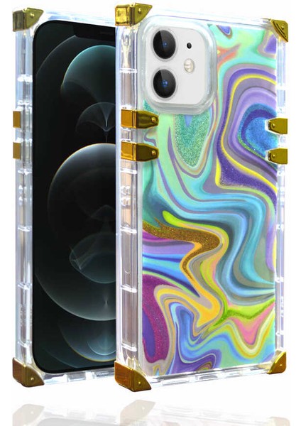 Apple iPhone 12 Kılıf Ebruli Dalga Desenli Altın Airbag Köşe Koruma Ples Kapak Mavi