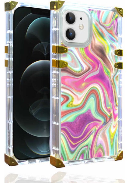 Apple iPhone 12 Kılıf Ebruli Dalga Desenli Altın Airbag Köşe Koruma Ples Kapak Koyu Pembe