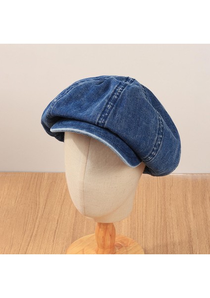 Denim Newsboy Kapaklar Yumuşak 8 Paneller Bere Düz Kapaklar Bayan Bayanlar Sekizgen Şapka Mavi (Yurt Dışından)