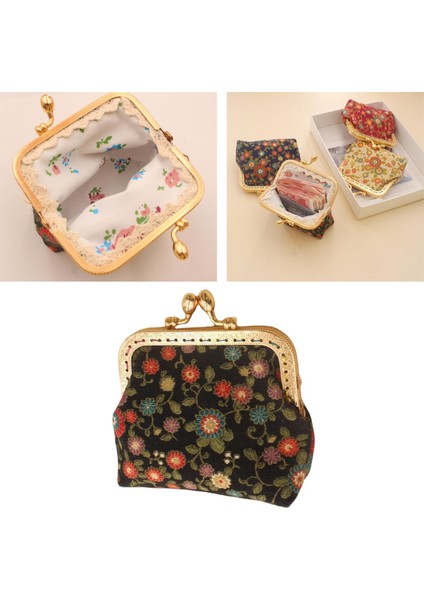 Sevimli Çiçek Toka Sikke Çanta Vintage Stil Kılıfı Öpücük Kilidi Değişim Tutucu Siyah (Yurt Dışından) modelleri