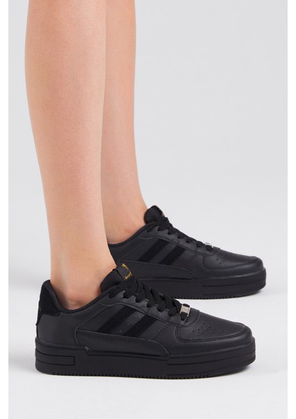 Unisex Siyah Siyah Yanı Çizgili Bağcıklı Rahat Kalıp Sneaker