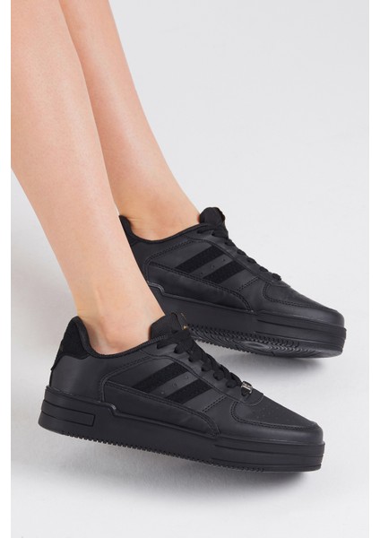 Unisex Siyah Siyah Yanı Çizgili Bağcıklı Rahat Kalıp Sneaker