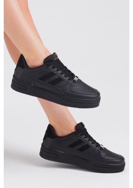 Unisex Siyah Siyah Yanı Çizgili Bağcıklı Rahat Kalıp Sneaker