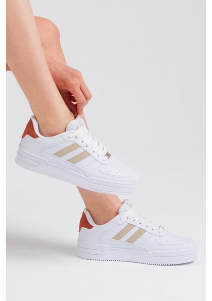 Unisex Beyaz Bej Yanı Çizgili Bağcıklı Rahat Kalıp Sneaker fiyatları
