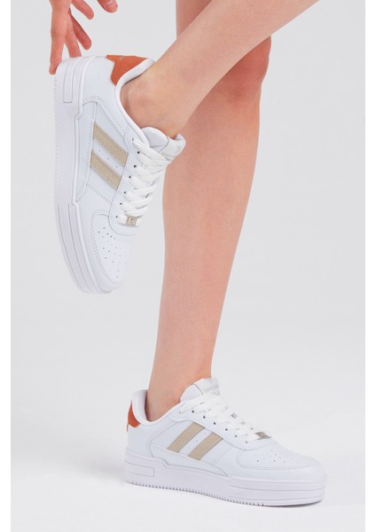 Unisex Beyaz Bej Yanı Çizgili Bağcıklı Rahat Kalıp Sneaker modelleri
