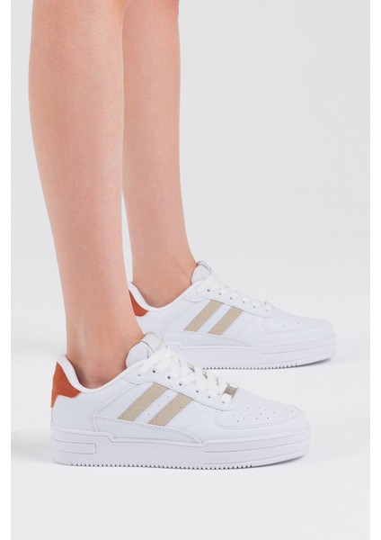 Unisex Beyaz Bej Yanı Çizgili Bağcıklı Rahat Kalıp Sneaker indirimleri