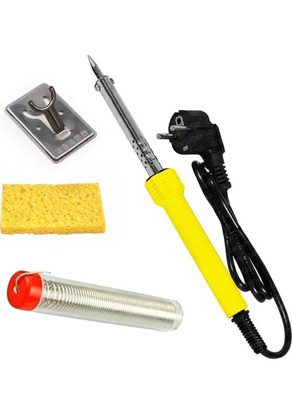 60 Watt Topraklı Profesyonel Lehim Kalem Havya Lüx Set Lehim Teli + Mini Sehpa + Temizleme Süngeri