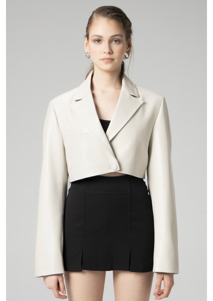WM034 Gerçek Deri Crop Blazer Kadın Ceket