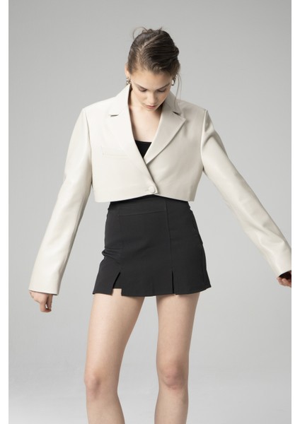 WM034 Gerçek Deri Crop Blazer Kadın Ceket indirimleri