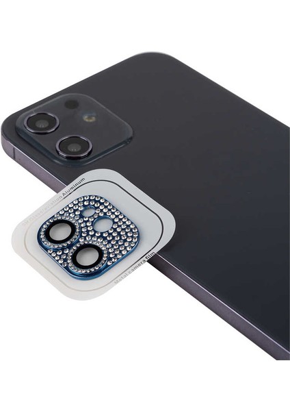 Apple iPhone 12 Uyumlu Parıldayan Taşlı Tasarım Lens Koruyucu Mavi