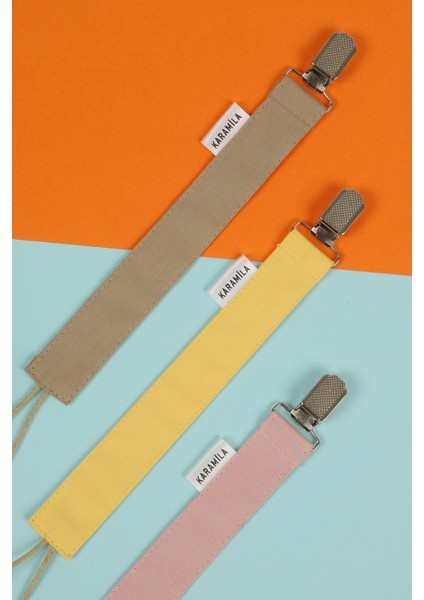 3'lü Bej Sarı Pudra Renk Poplin Kumaş Emzik Askısı - Emzik Zinciri