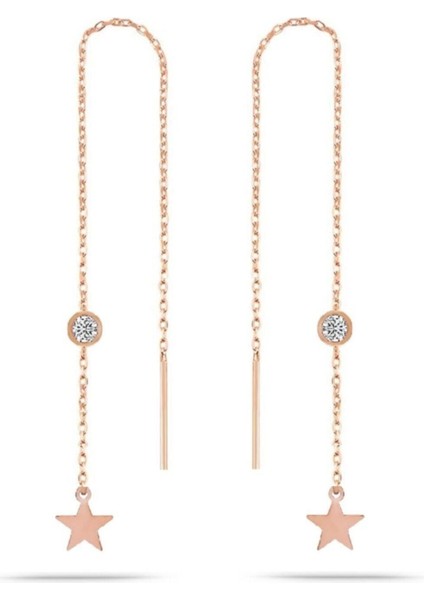 Gümüş Rose Zirkon Taşlı 11 cm Yıldız Sallantılı Zincirli Küpe DGN20940