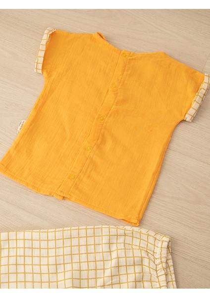 Sarı Ekru Gömlek Kareli Pantolon Erkek Bebek Müslin Yazlık Takım modelleri