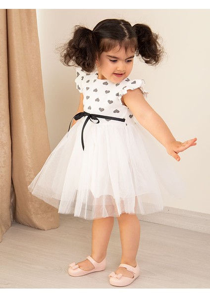 Kalp Desenli Tüllü Kız Çocuk Beyaz Yazlık Elbise