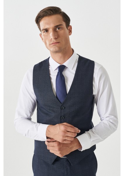ALTINYILDIZ CLASSICS Erkek Lacivert Slim Fit Dar Kesim Mono Yaka Armürlü Yelekli Klasik Takım Elbise modelleri