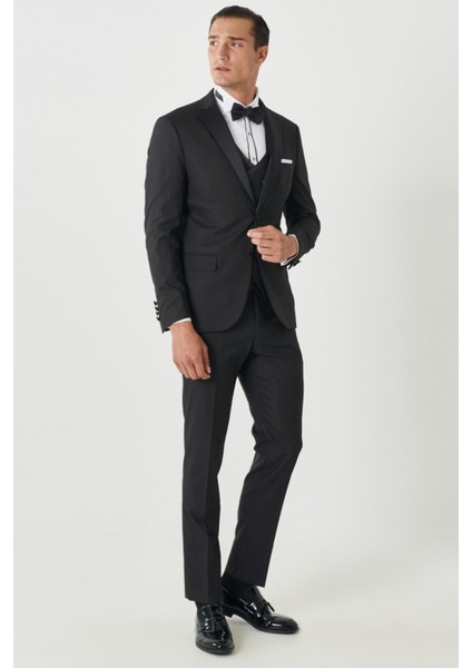ALTINYILDIZ CLASSICS Erkek Siyah Slim Fit Dar Kesim Mono Yaka Desenli Yelekli Smokin Takım