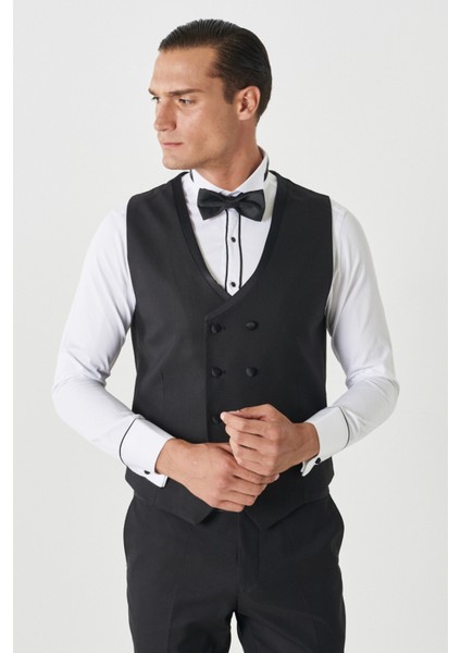 ALTINYILDIZ CLASSICS Erkek Siyah Slim Fit Dar Kesim Mono Yaka Desenli Yelekli Smokin Takım