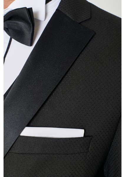 ALTINYILDIZ CLASSICS Erkek Siyah Slim Fit Dar Kesim Mono Yaka Desenli Yelekli Smokin Takım