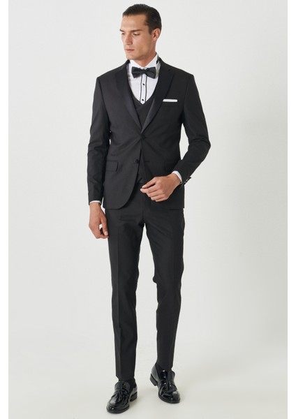 ALTINYILDIZ CLASSICS Erkek Siyah Slim Fit Dar Kesim Mono Yaka Desenli Yelekli Smokin Takım