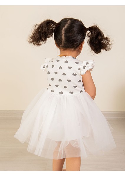 Kalp Desenli Tüllü Kız Çocuk Beyaz Yazlık Elbise fiyatları